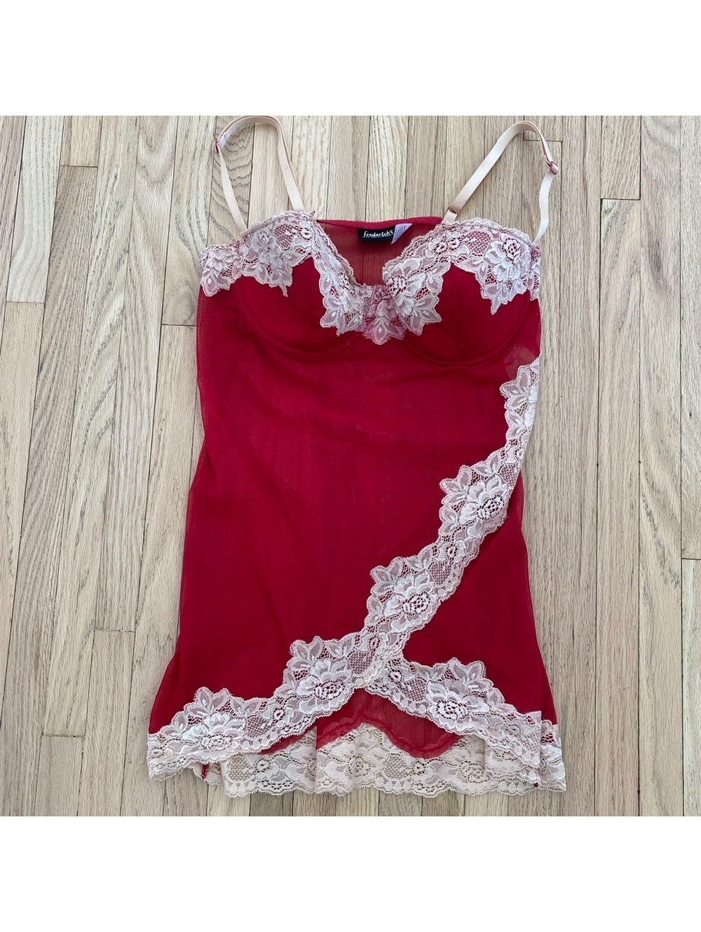 Vintage Fredrick’s of Hollywood coquette push up red mesh and lace chemise L